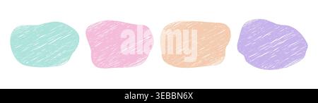 Set of colorful chalk scribble stains. Pastel hand drawn speech bubbles, textbox, textures, and organic blob shapes. Stock Vector
