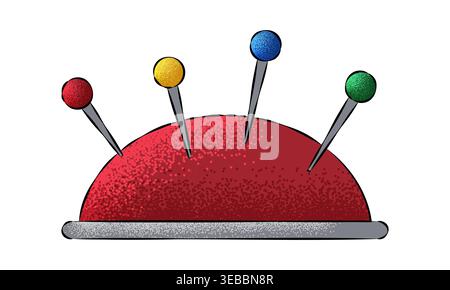 Red pincushion with colorful pins isolated on white. Hand drawn sewing cushion, needles, and tailor equipment for needlework. Vector illustration  Stock Vector