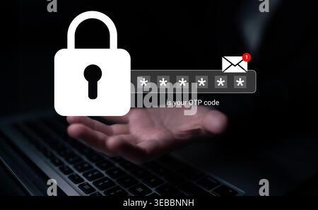 A visual representation of online security featuring a lock icon, one-time password (OTP) process, and an email notification, emphasizing digital Stock Photo
