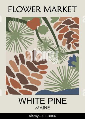 Retro poster with stylized white pine leaves, cone Stock Vector