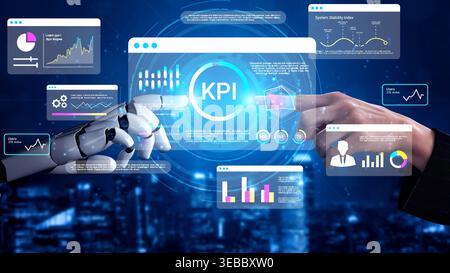 Futuristic concept of robotic and human collaboration analyzing Key Performance Indicators with digital analytics and data visualization in a tech Stock Photo