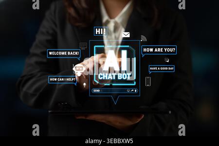 Business Professional Interacting with AI Chatbot Interface on Digital Tablet in Modern Office Setting with Futuristic Graphics and Speech Bubbles Stock Photo