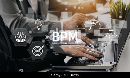 Business Process Management concept showing workflow analysis, process optimization, team collaboration, automation, and performance improvement Stock Photo
