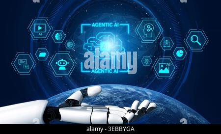 Futuristic Robotic Hand Reaching Towards Digital Interface Showcasing Artificial Intelligence Concepts and Data Visualization in Space Background Stock Photo