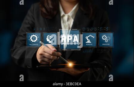 Business Professional Engaging with Robotic Process Automation Technology on a Digital Tablet in a Modern Office Environment Sigmoid Stock Photo