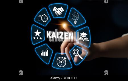 Human Hand Interacting with Digital Kaizen Concept Illustrating Continuous Improvement and Business Efficiency in Modern Workplace Quark. Stock Photo