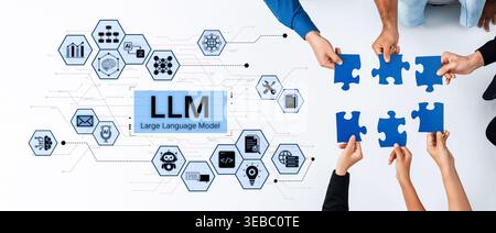 Large Language Model LLM processing data. Represents deep text learning, natural language processing NLP AI tech, transformer architecture, and Stock Photo