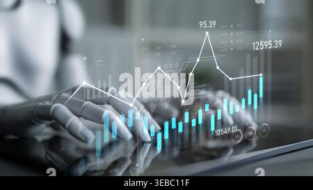 A robotic hand interacts with a touchscreen displaying financial charts and graphs, representing innovation in technology for data analysis and Stock Photo