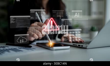 A business professional engaged with a smartphone and laptop amidst digital graphics, showcasing warning signs and data management, representing Stock Photo