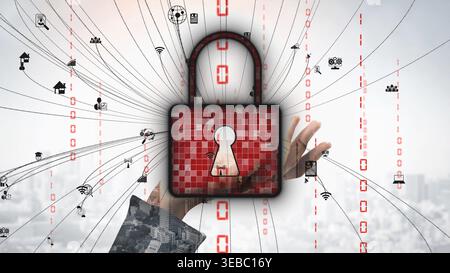 A striking digital image featuring a lock symbol, representing cyber security and data protection amidst a backdrop of interconnected technology icons Stock Photo