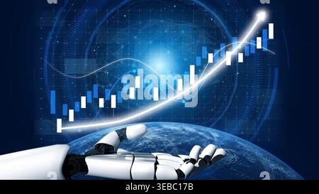 A futuristic robotic hand showcases a graphical representation of data analytics, emphasizing growth and progress on a global background, blending Stock Photo