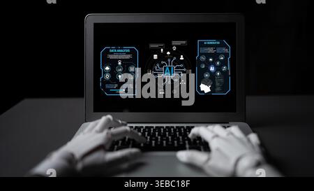 Futuristic Robot Hand Interacting with Laptop Displaying Artificial Intelligence Data Visualization and Analytics Concepts Fluxor. Stock Photo