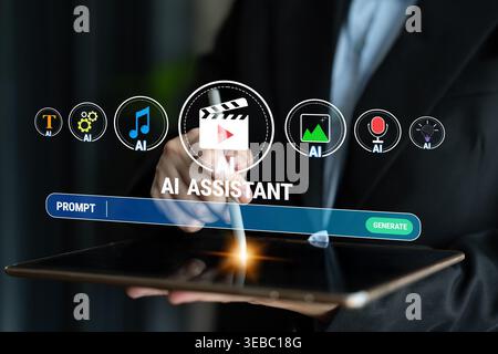 Innovative Digital Interface Featuring AI Assistant Tools for Creative Projects and Content Generation on a Tablet Device Quark. Stock Photo