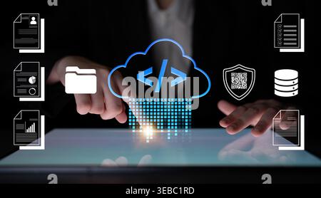 Digital Technology and Cloud Computing Concepts with Futuristic Icons and Hands Engaging in Data Processing and File Management Fluxor. Stock Photo