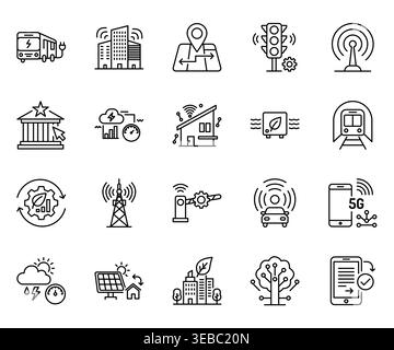 A collection of black line icons representing modern technology and infrastructure Stock Vector
