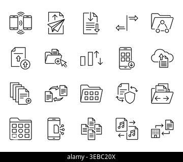 A collection of black and white icons representing data transfer Stock Vector