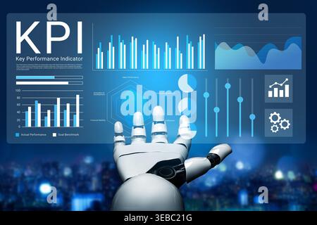 A futuristic robot hand interacts with a digital dashboard showcasing key performance indicators, graphs, and data for advanced business analysis and Stock Photo