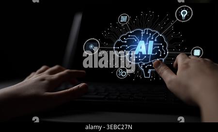Artificial intelligence models neural signals for deep learning and cognitive computing. Train artificial intelligence to improve recognition Stock Photo