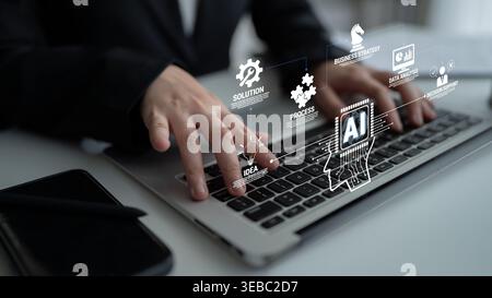 Professional Business Person Working on Laptop with AI Technology and Data Analysis Concepts in Modern Office Setting Quark. Stock Photo