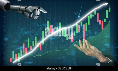 This image features a robotic hand reaching towards a financial data graph, illustrating the synergy between technology and investment in a modern Stock Photo