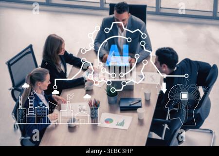 Diverse Business Team Collaborating on Artificial Intelligence Strategy in Modern Office with Futuristic Digital Overlays Quark. Stock Photo