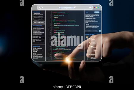 Futuristic Tablet Displaying Code with AI Programming Interface in a Dark Environment, Focusing on Finger Interaction and Tech Innovation Quark. Stock Photo