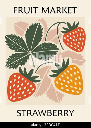 Retro fruit market poster with stylized strawberry Stock Vector