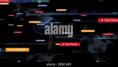 Displaying dotted world map and radar HUD sweeping across virtual dashboard, showing notifications Stock Photo
