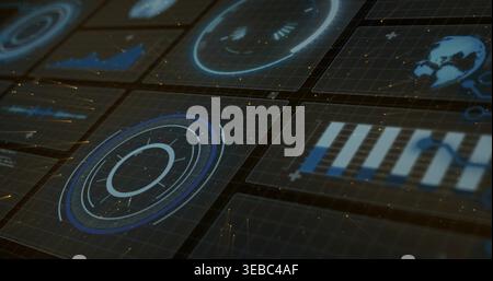 Displaying radar HUD panel with concentric rings and radial ticks on dashboard, holographic tiles Stock Photo