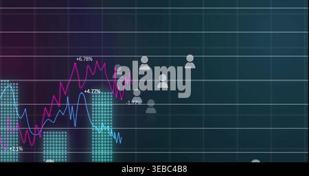Displaying magenta cyan line charts and teal dot bars on dashboard with avatar icons, copy space Stock Photo