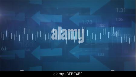 Displaying centered white-tick waveform in market dashboard, with left arrows and numeric labels Stock Photo
