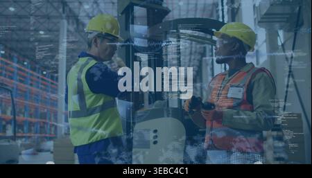 Inspecting two workers in hard hats and hi-vis vests using forklift in warehouse, with data overlay Stock Photo