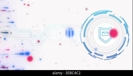 Displaying circular HUD showing shield-mail icon, rings at right, linking cyan nodes, copy space Stock Photo