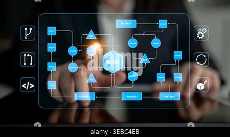 Hands of a business professional interacting with digital interface showing data flow and element connections in modern technology and system Stock Photo