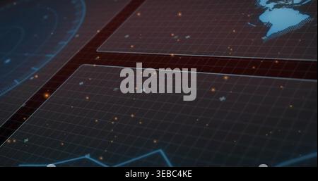 Displaying central grid panel on control monitor, showing faint gridlines, amber nodes, cyan graph Stock Photo