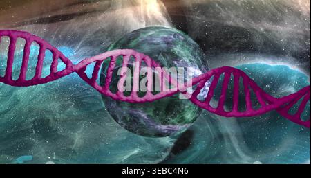 Displaying magenta-pink DNA helix crossing outer space, showing green-blue planet and nebula clouds Stock Photo