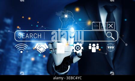 Futuristic Businessman Interacting with Search Interface Featuring AI Elements and Digital Icons Representing Connectivity and Collaboration Quark. Stock Photo