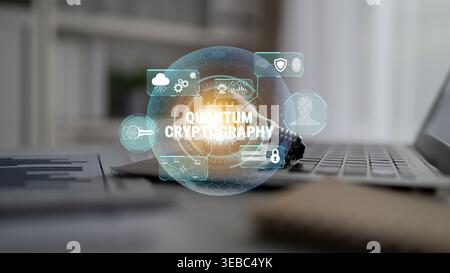 Innovative Quantum Cryptography Concept With Light Bulb Symbolizing Ideas and Technology Advancements in Cybersecurity on a Modern Laptop Workspace Stock Photo