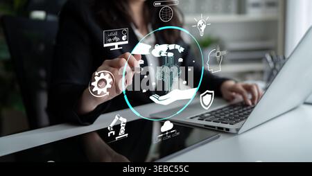 Woman in Business Attire Engaging with Virtual Technology Interface Illustrating Innovation, Data Analysis, and Creative Solutions for Modern Work Stock Photo