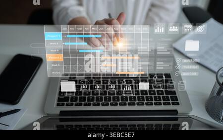 Digital visualization of multiple project timelines with progress tracking, documents, and team collaboration symbols Parse Stock Photo