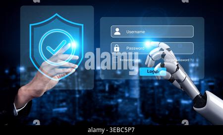A creative representation of a human hand and robotic arm interacting with a digital login interface, highlighting themes of technology, security, and Stock Photo