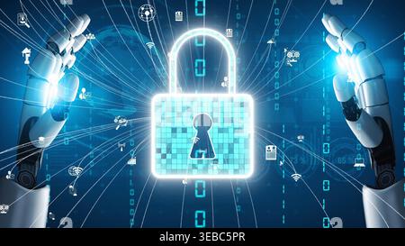 A visually striking representation of a digital lock being protected by futuristic robot arms, symbolizing advanced cyber security measures in a Stock Photo