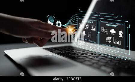 Gesture Interaction with Futuristic Technology Displaying AI Assistant Features on Laptop Interface in Modern Workspace Fluxor. Stock Photo