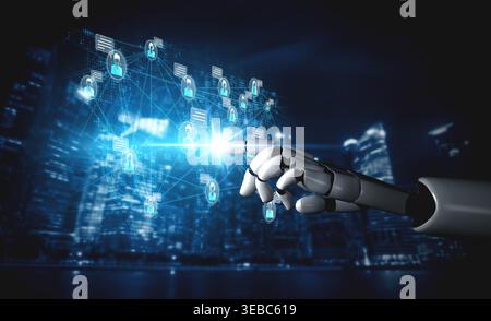 Futuristic Robotic Hand Reaching Towards Digital Network for Data Interaction and Connectivity in Urban Skyline at Night Sigmoid Stock Photo