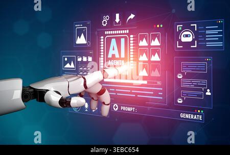 Futuristic Robotic Hand Interacting with AI Technology Interface Displaying Data and Visual Elements in Digital Environment Quark. Stock Photo