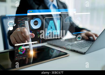 Professional Businessman Interacting with Artificial Intelligence Chatbot Technology on Digital Devices in Modern Office Environment Sigmoid Stock Photo