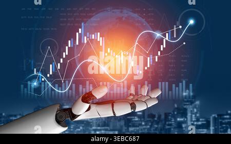 A robotic hand illustrates financial growth with vibrant graphs and data points, symbolizing the future of technology in the finance sector. Perfect Stock Photo
