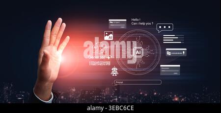 This image showcases a human hand interacting with a vibrant digital interface featuring AI functionalities in a modern city, symbolizing Stock Photo