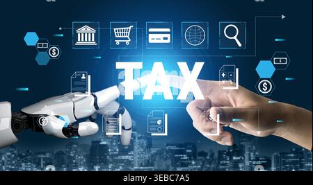Futuristic Robotic Hand and Human Hand Interacting with Tax Elements Displayed in Digital Interface Representing Finance and Technology Fluxor. Stock Photo