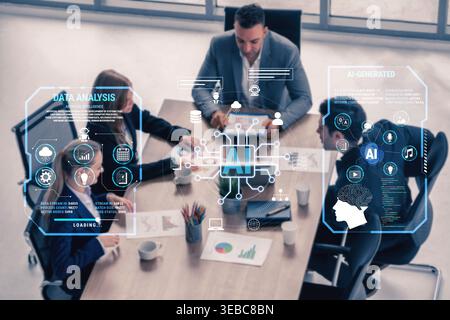 Business Team Collaboration in Meeting Room with Digital AI Interfaces and Data Analysis Charts for Modern Workplace Strategy Fluxor. Stock Photo